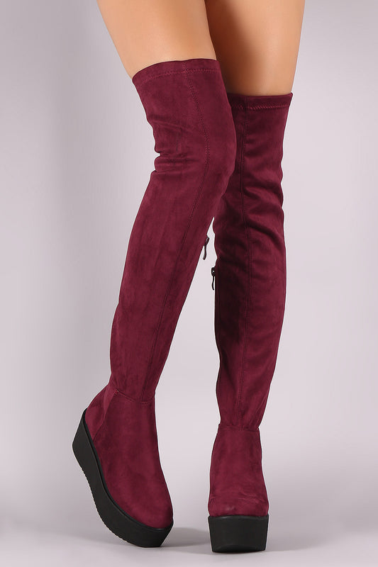 Faux Suede Thigh High Lug Sole Flatform Boots