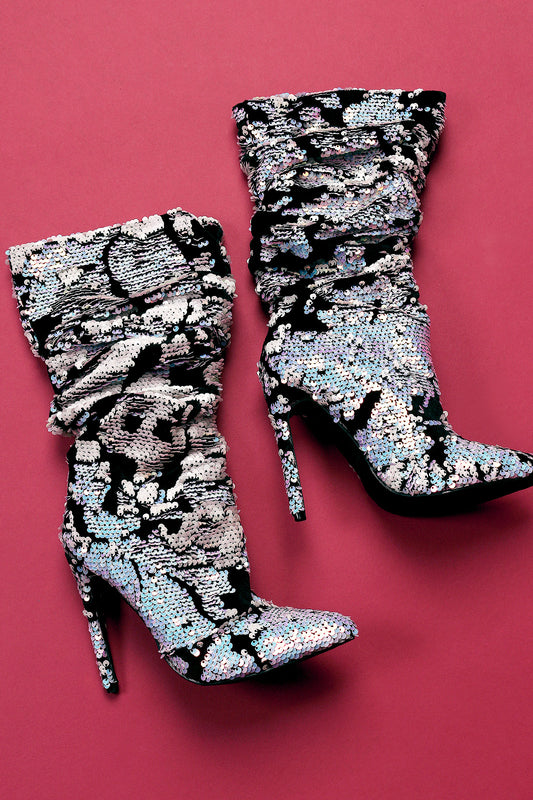 Sequin Embellished Velvet Slouchy Pointy Toe Stiletto Boots
