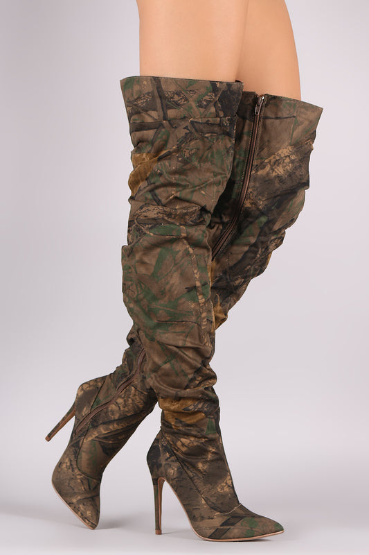 Liliana Camouflage Slouchy Pointy Toe Over-The-Knee Stiletto Boots