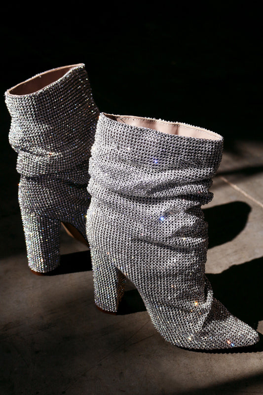 Slouchy Rhinestone Western Chunky Heeled Mid-Calf Boots