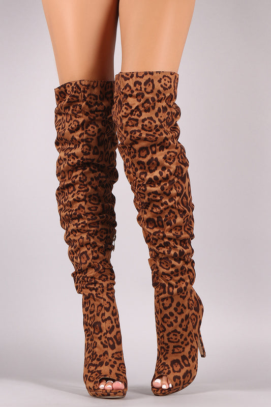 Liliana Leopard Suede Peep Toe Stiletto Over-The-Knee Boots