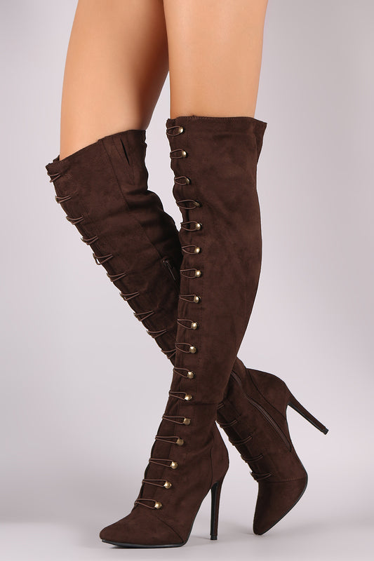 Suede Pointy Toe Lace-Up Stiletto Over-The-Knee Boots