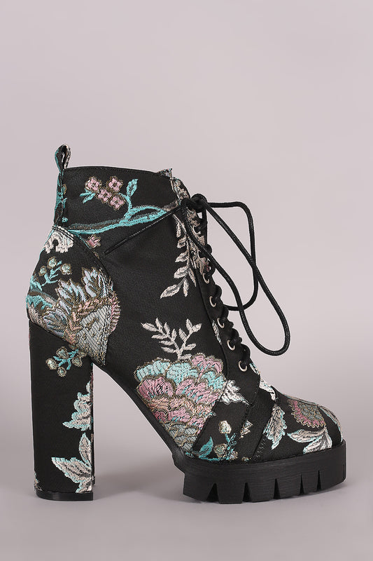Floral Brocade Combat Lace-Up Lug Sole Chunky Heeled Booties