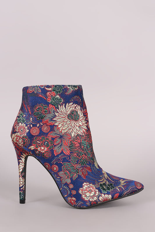 Qupid Floral Brocade Pointy Toe Stiletto Ankle Boots