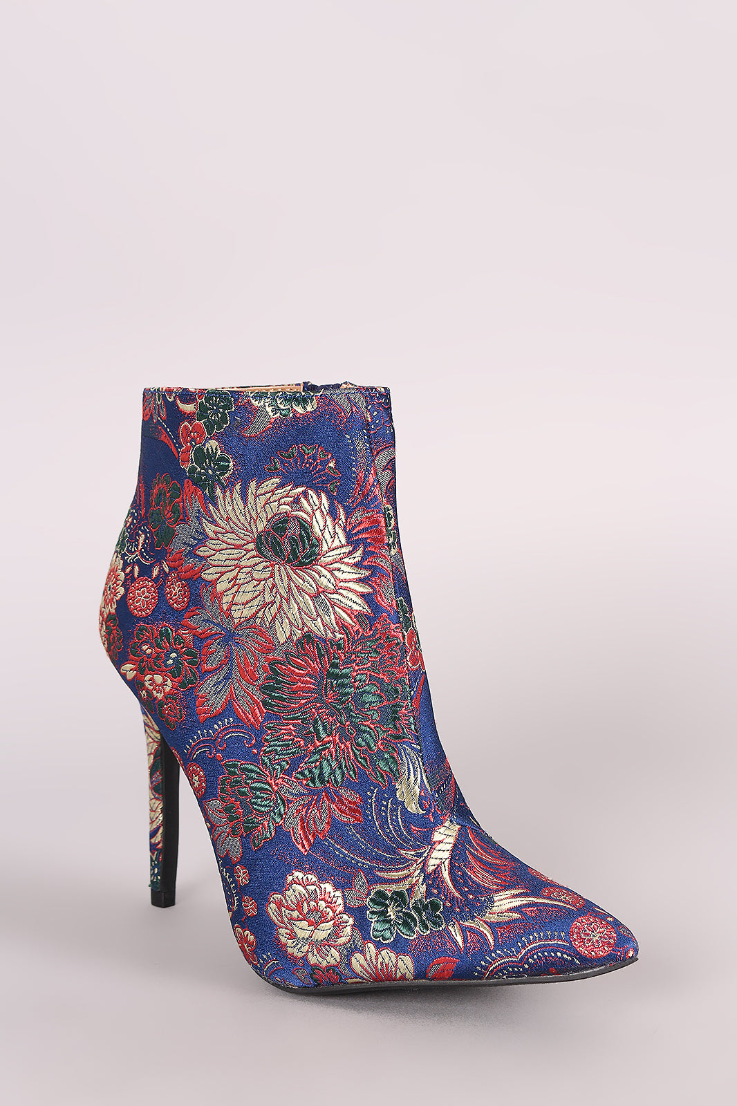 Qupid Floral Brocade Pointy Toe Stiletto Ankle Boots