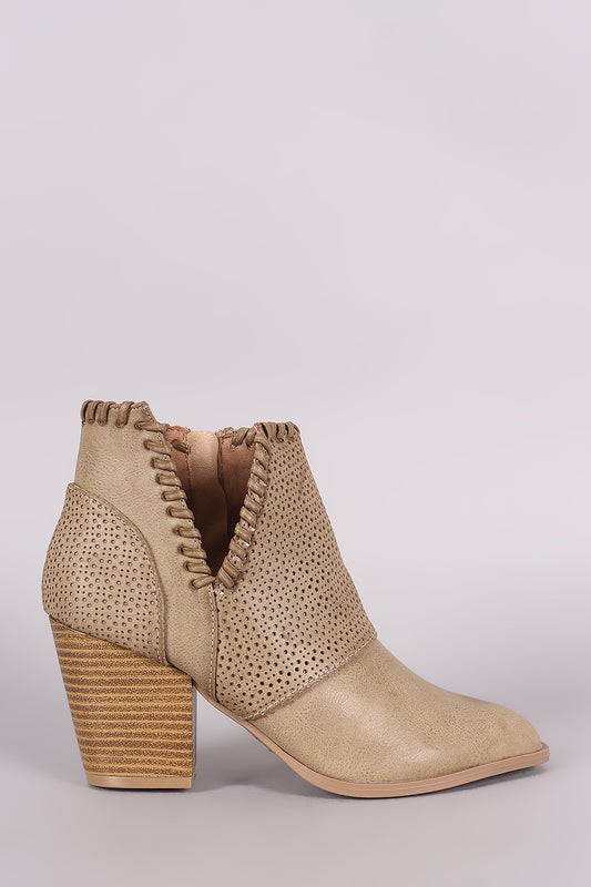 Qupid Perforation And Whipstitch Chunky Heeled Booties