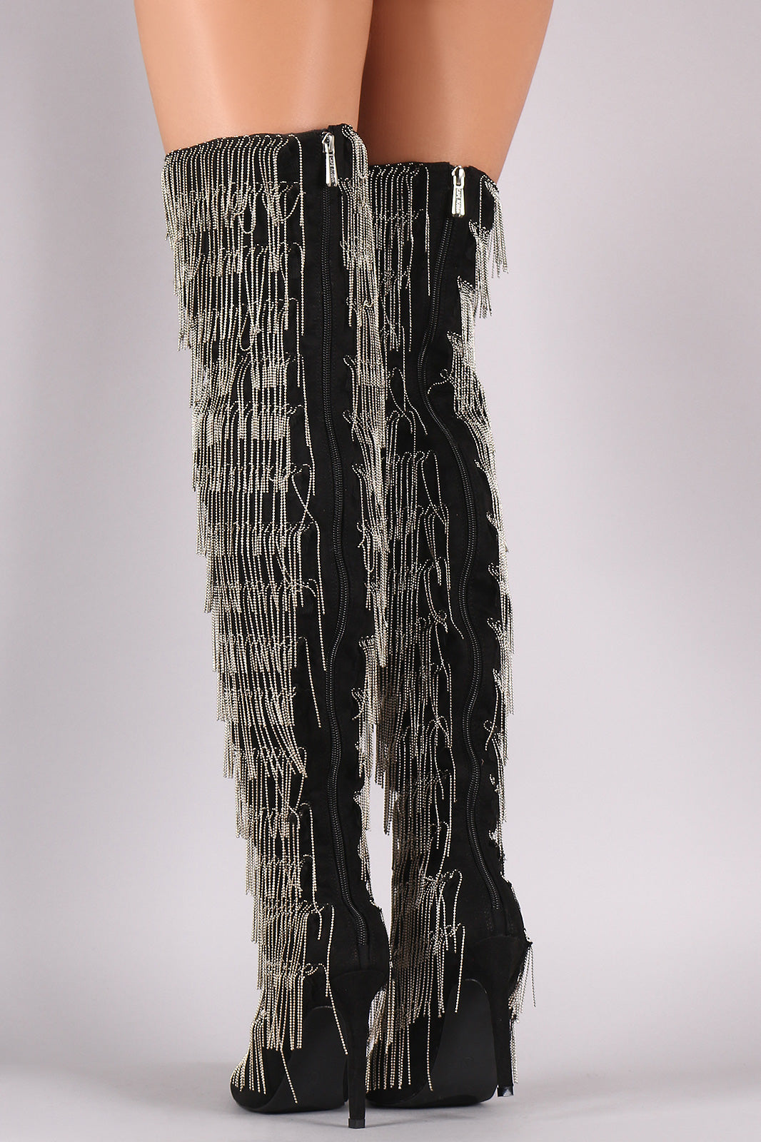 Suede Pointy Toe Chain Fringe Over-The-Knee Stiletto Boots