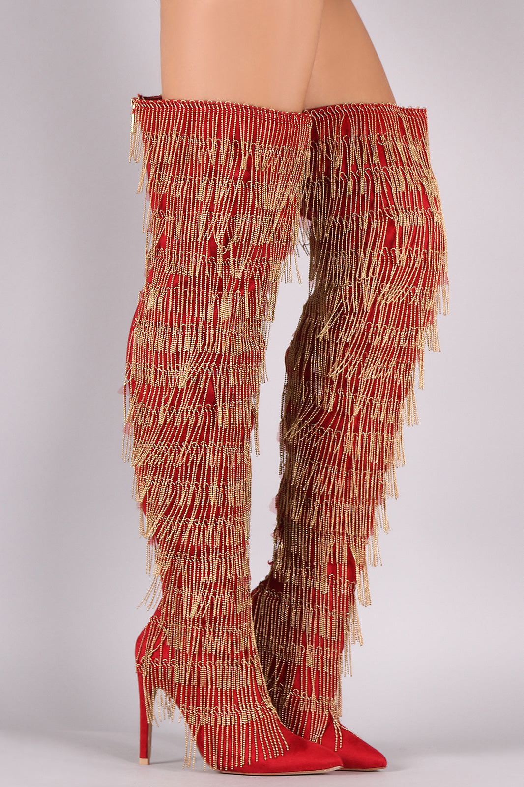 Suede Pointy Toe Chain Fringe Over-The-Knee Stiletto Boots