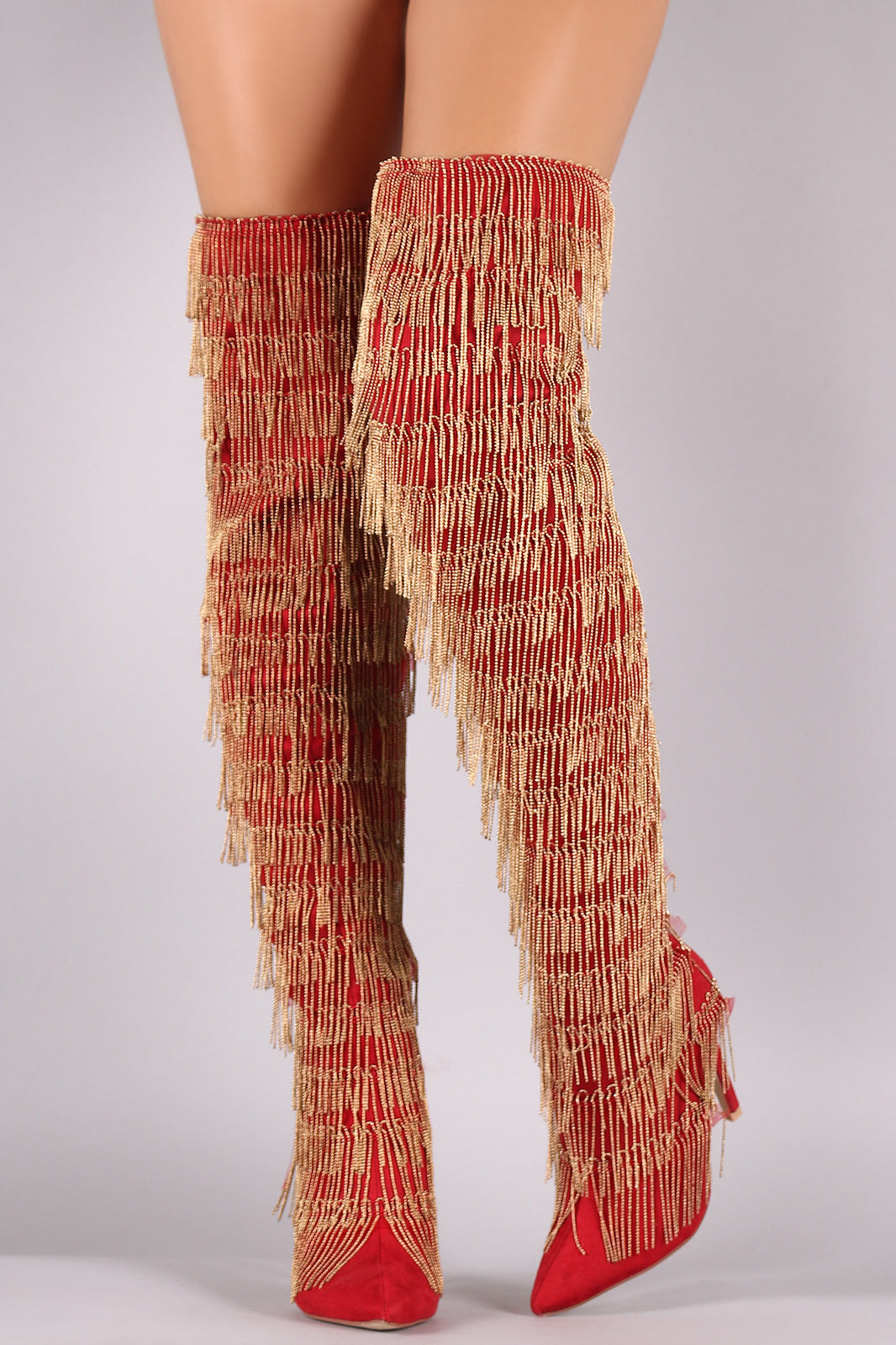 Suede Pointy Toe Chain Fringe Over-The-Knee Stiletto Boots