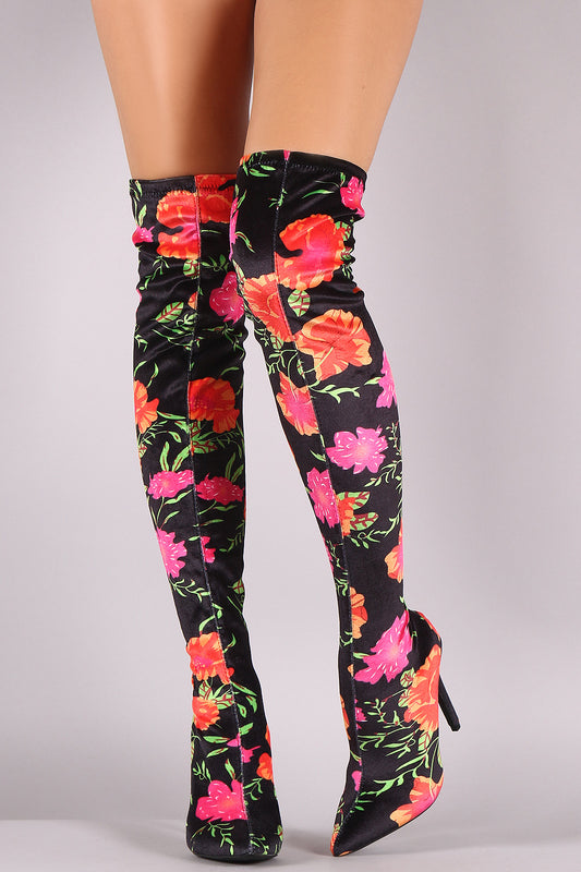Velvet Floral Pointy Toe Stiletto OTK Boots