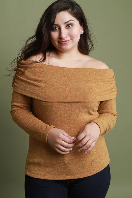 Ruched Off-The-Shoulder Foldover Sweater Top
