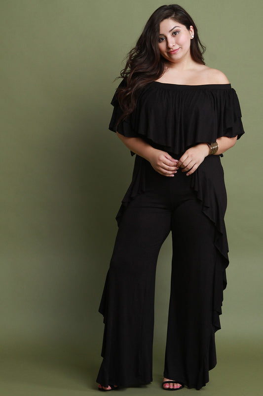 Ruffle Accent Jersey Knit Wide Leg Pants