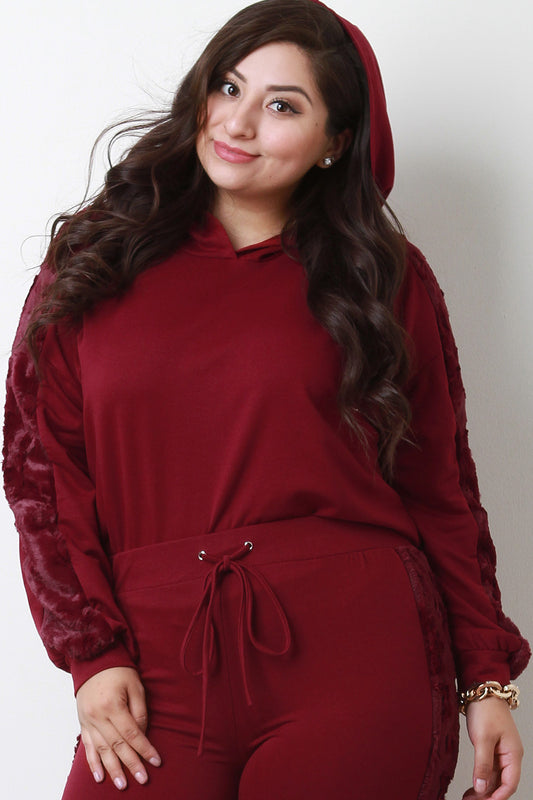 Faux Fur Sleeve Jersey Knit Hoodie Top