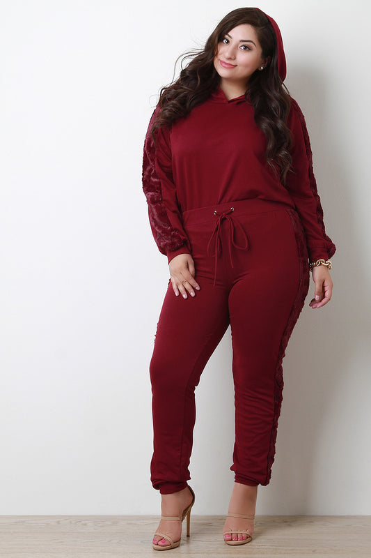 Faux Fur Side Drawstring Knit Jogger Pants