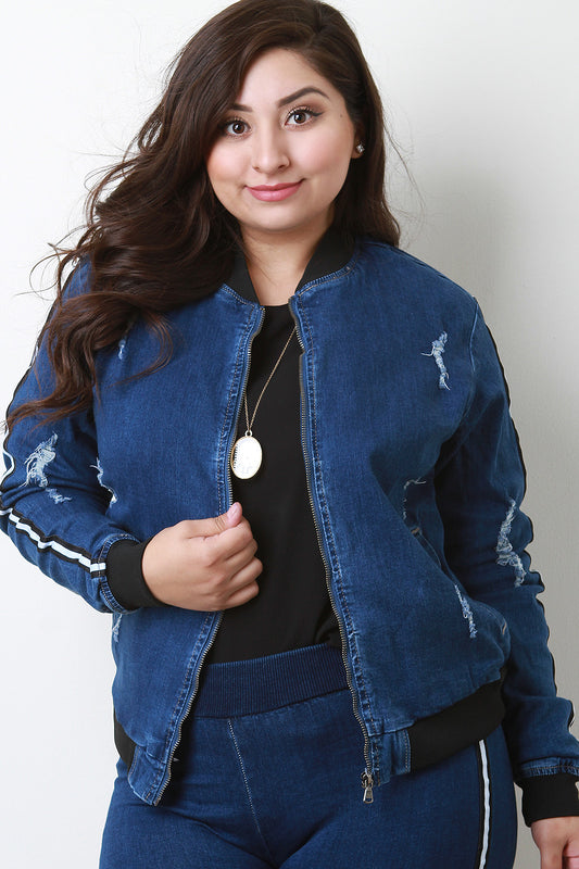 Distressed Stripe Sleeves Denim Bomber Jacket