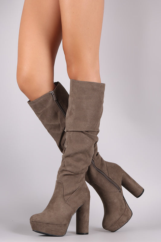 Bamboo Suede Slouchy Platform Cylindrical Heeled Boots