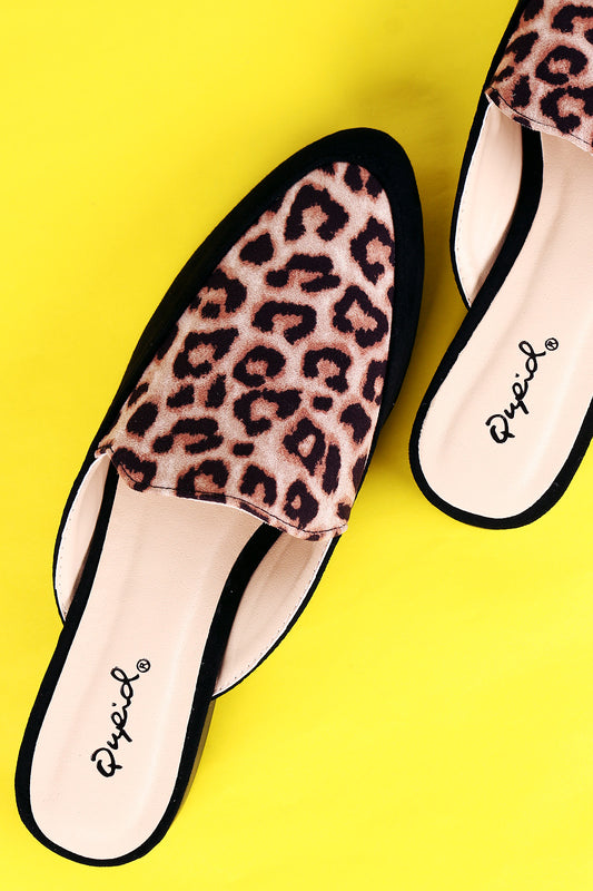 Qupid Leopard Suede Almond Toe Slip-On Mule Flat