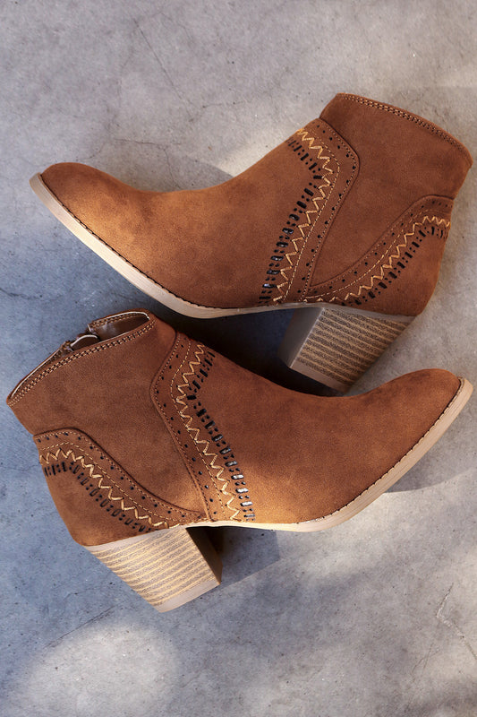 Qupid Perforated Suede Stitch Chunky Heeled Booties