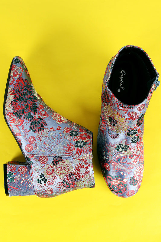 Qupid Block Heel Floral Brocade Booties