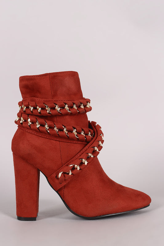Suede Braided Chain Wrapped Chunky Heeled Booties