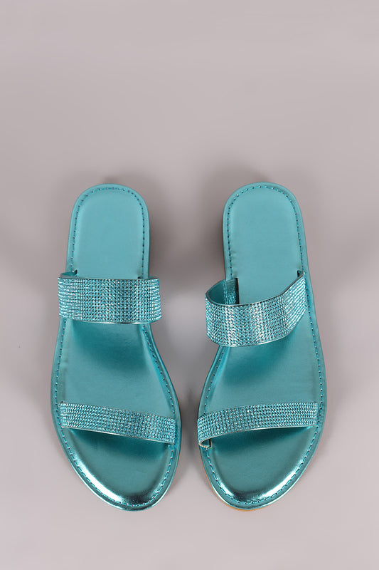 Bamboo Rhinestone Embellished Double Band Slide Sandal