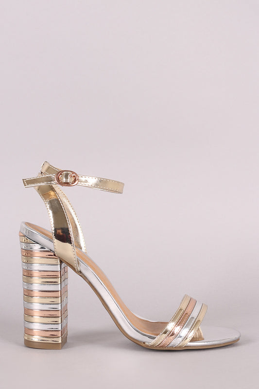 Bamboo Patent Mixed Media Striped Band Chunky Heel