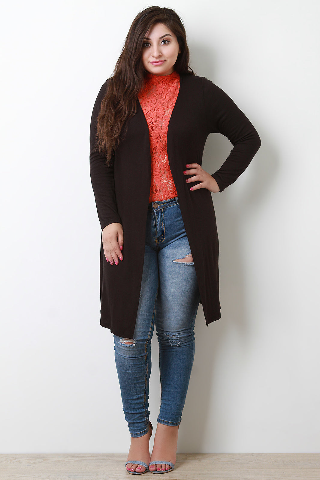 Soft Knit Open Front Side Slits Cardigan
