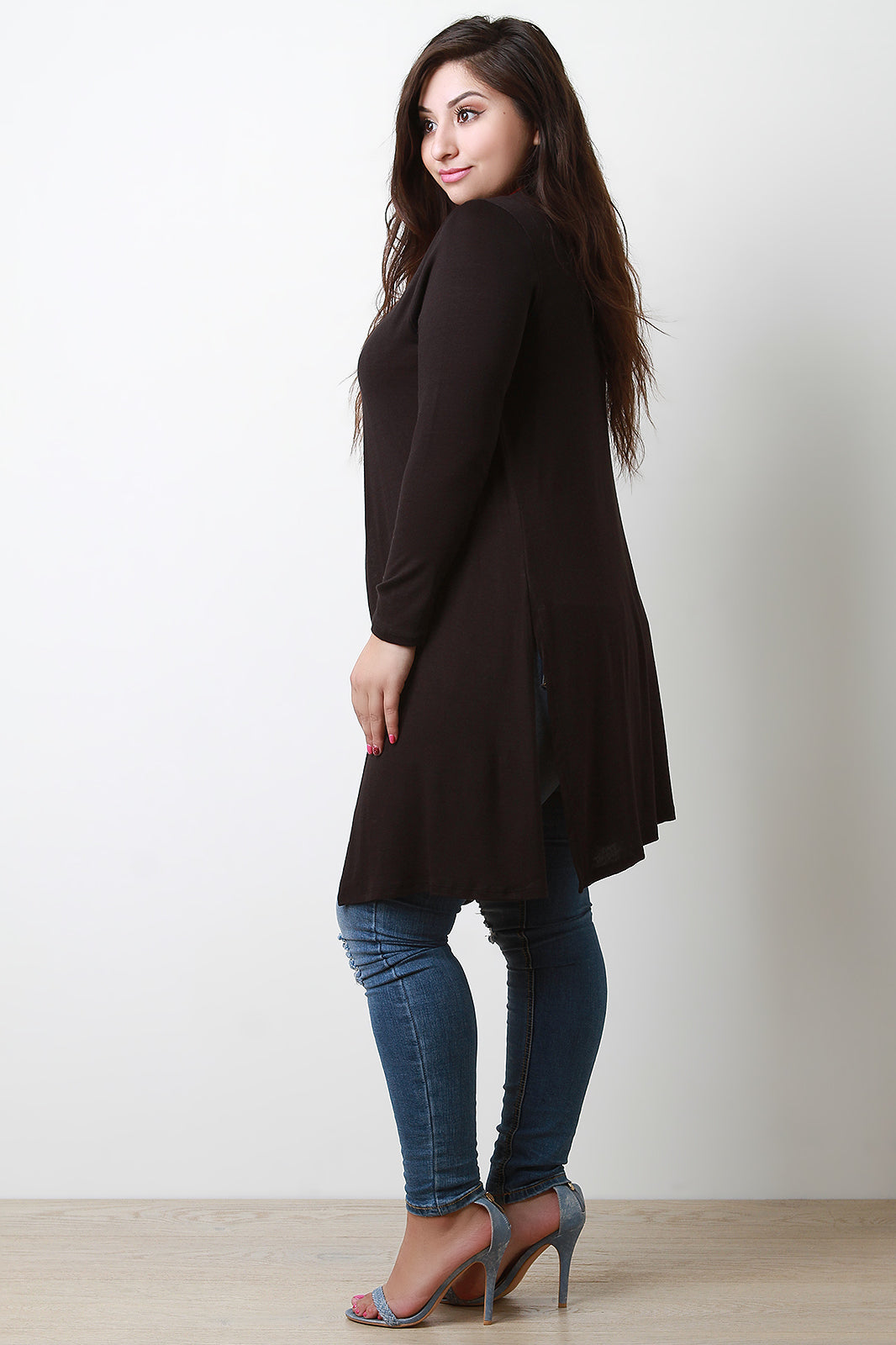 Soft Knit Open Front Side Slits Cardigan