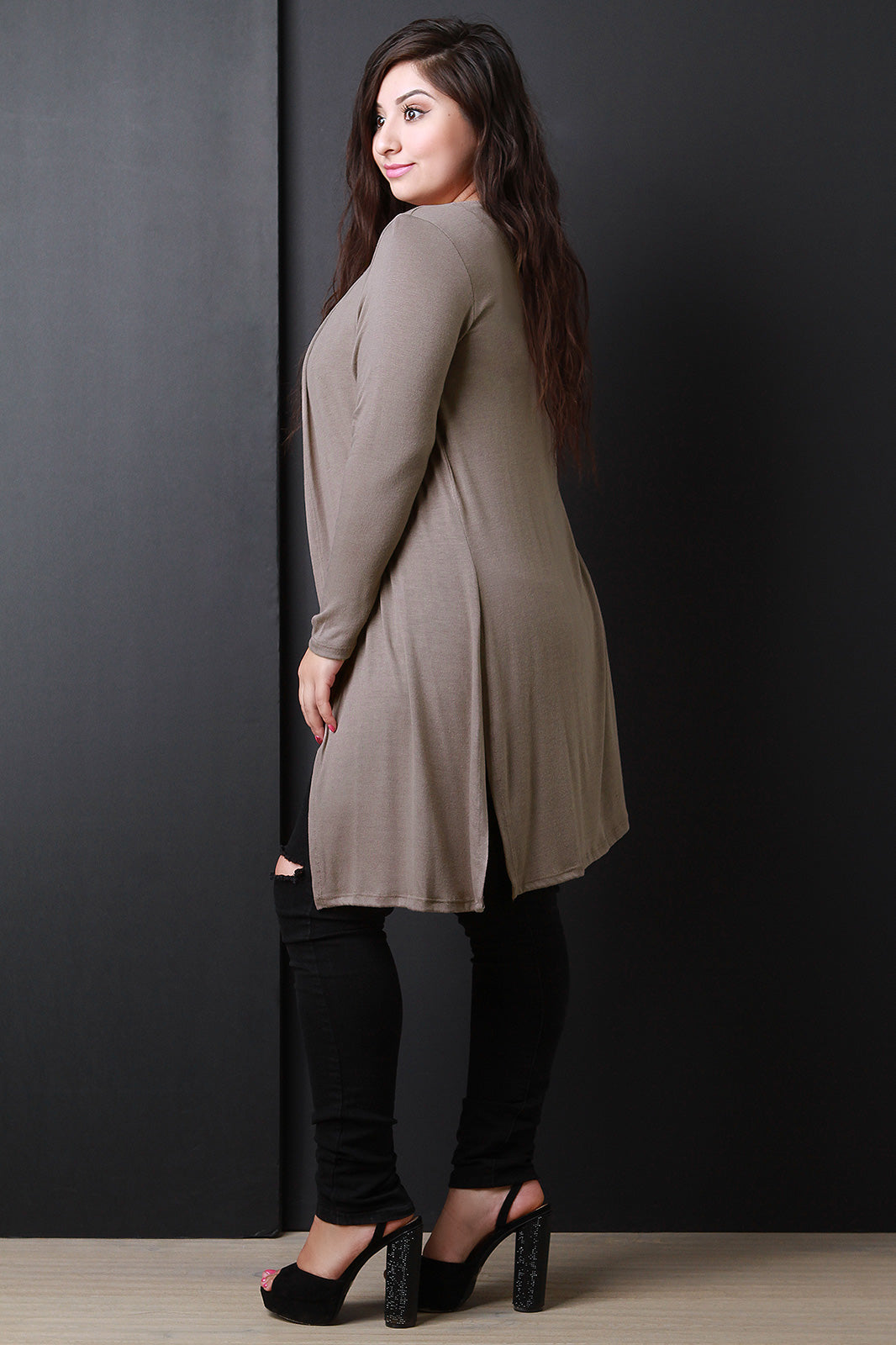 Soft Knit Open Front Side Slits Cardigan