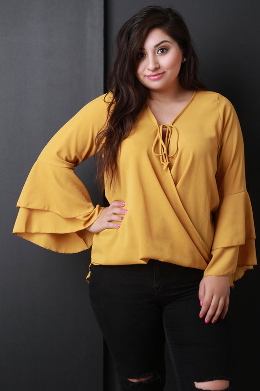 Surplice Tiered Ruffled Sleeves High Low Top