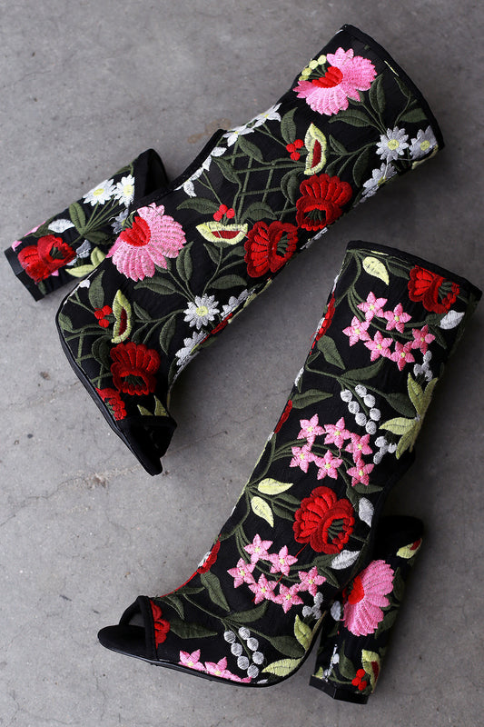 Liliana Embroidered Floral Mesh Chunky Heeled Mid Calf Boots