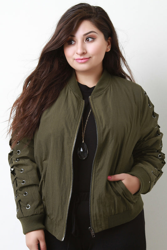 Lace-Up Sleeves Bomber Jacket