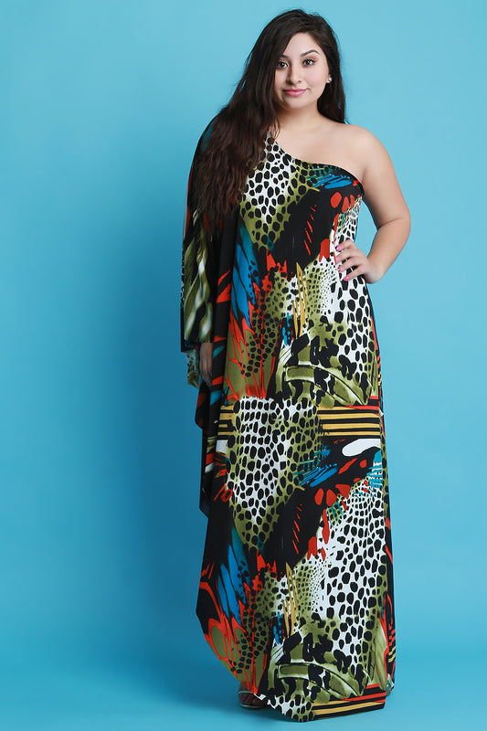 One Shoulder Wild Print Asymmetrical Maxi Dress