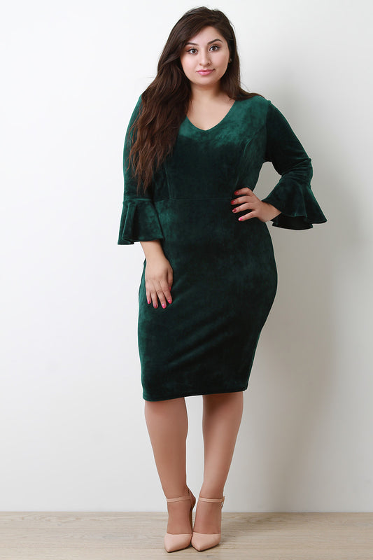 Velvet Trumpet Sleeve Bodycon Dress