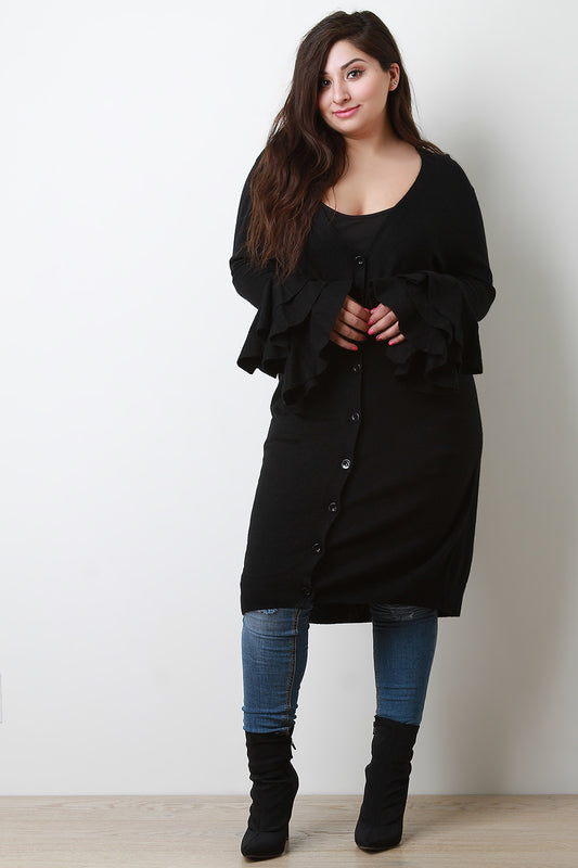 Tiered Ruffled Sweater Knit Longline Cardigan