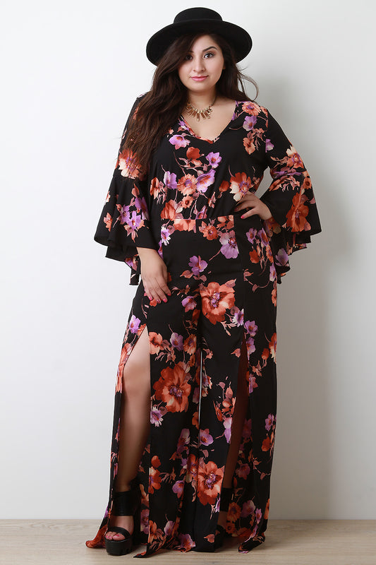 Floral Print Ruffled Sleeves Top With Slit Wide Leg Pants Set