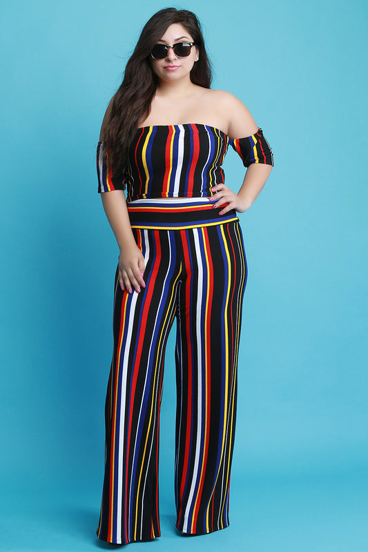 Striped Print Crop Top With Wide Leg Pants Set