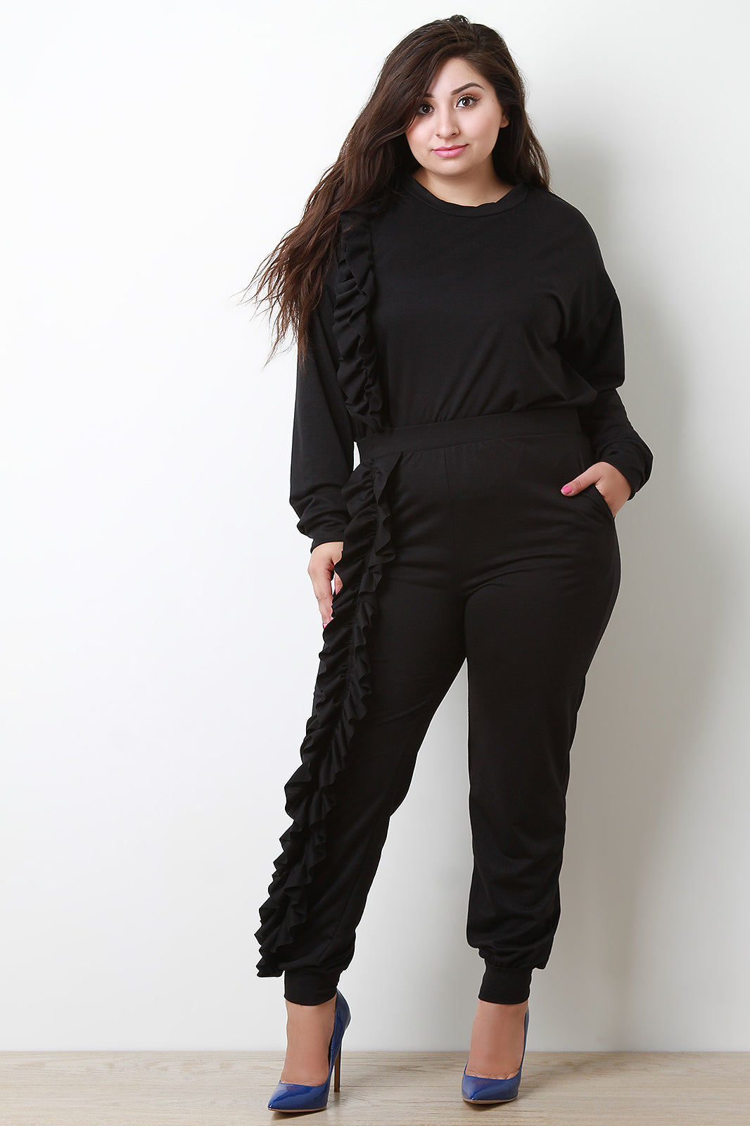 Ruffled Sleeves Sweatshirt With Jogger Pants Set