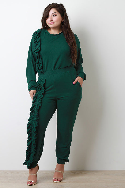 Ruffled Sleeves Sweatshirt With Jogger Pants Set