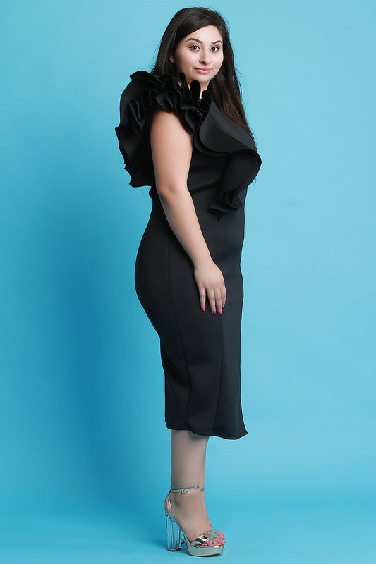 Single Ruffle Sleeve Slit Midi Dress