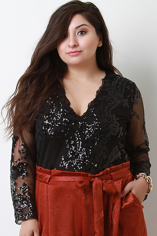 Floral Sequin Mesh V-Neck Bodysuit