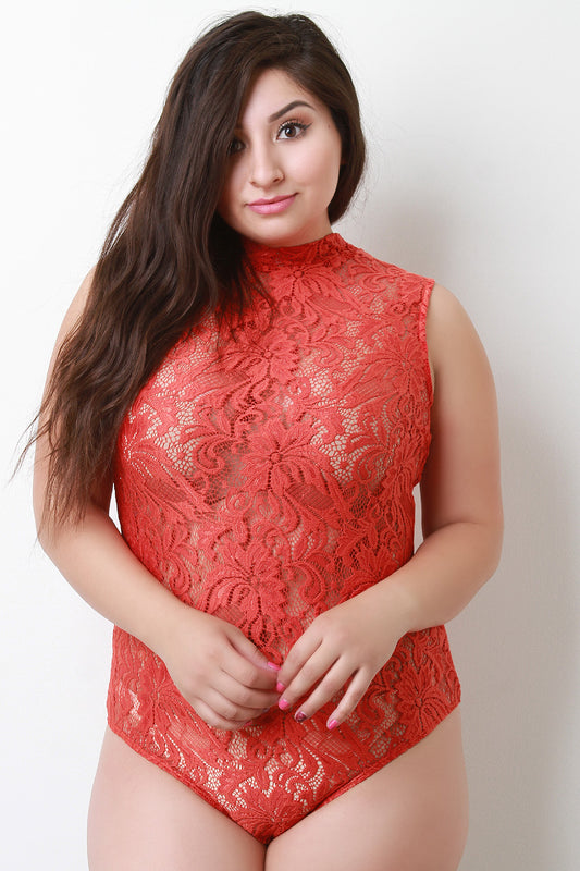 Floral Lace Mock Neck Sleeveless Bodysuit