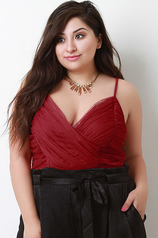 Ruched Knit V-Neck Spaghetti Strap Bodysuit