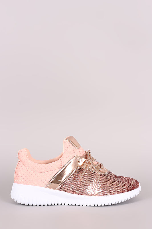 Mixed Media Sequins Slip-On Lace-Up Sneaker