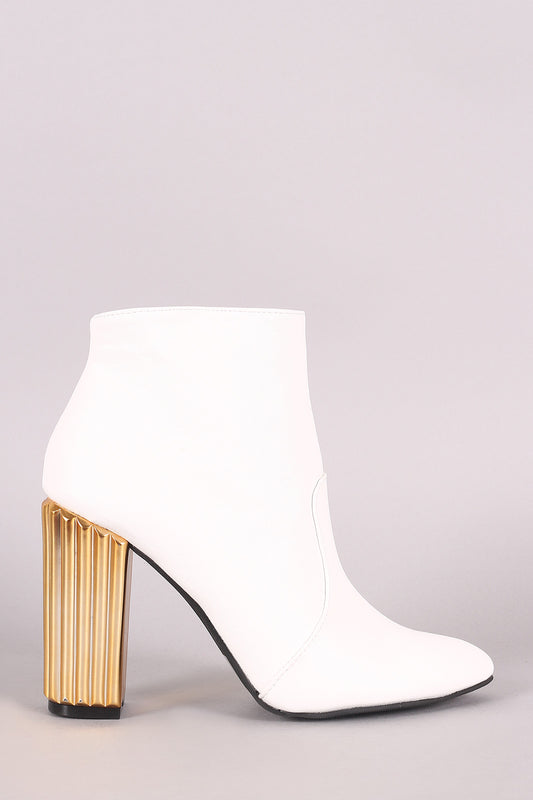 Qupid Leather Pointy Toe Textured Metallic Chunky Heeled Booties
