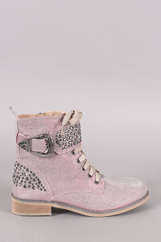 Glitter Studded Buckle Military Lace Up Booties
