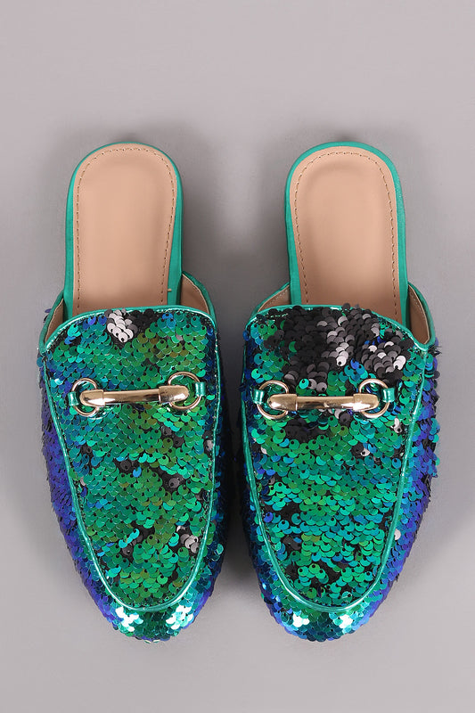 Sequin Embellished Horsebit Slip On Mule Flat