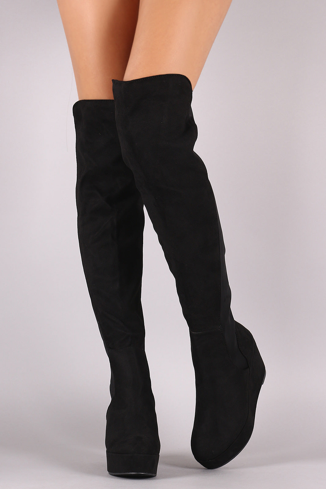 Suede Elastane Back Panel Over-The-Knee Platform Wedge Boots