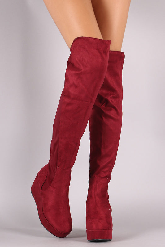 Suede Elastane Back Panel Over-The-Knee Platform Wedge Boots