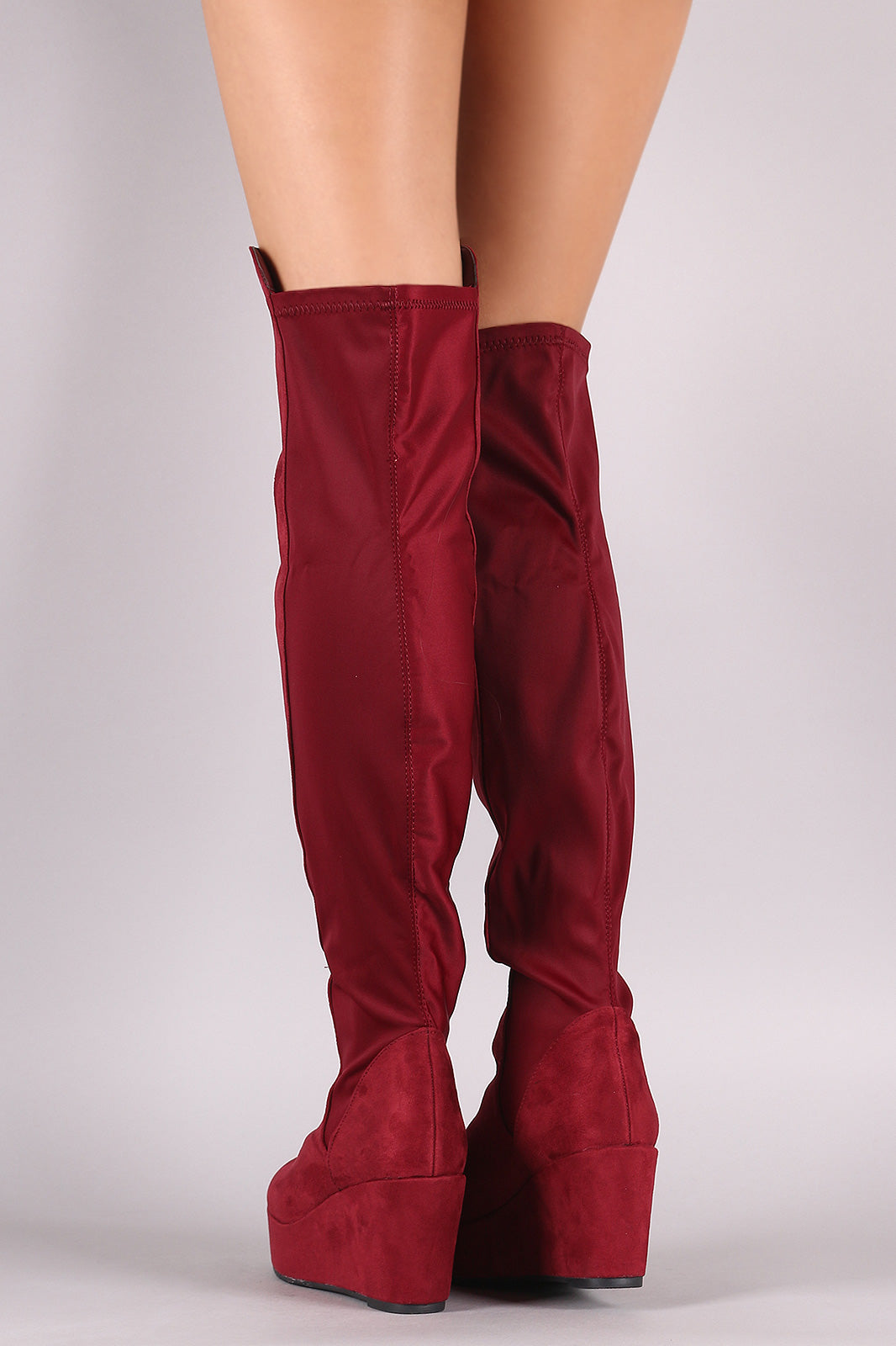 Suede Elastane Back Panel Over-The-Knee Platform Wedge Boots